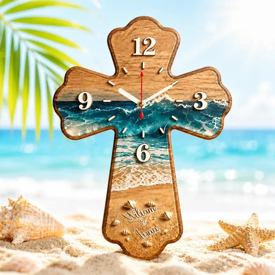 Custom Beach Cross Wooden Wall Clock