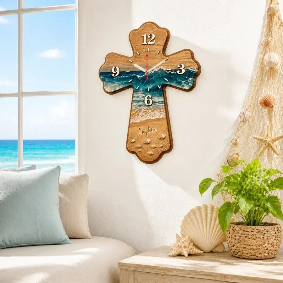 Custom Beach Cross Wooden Wall Clock